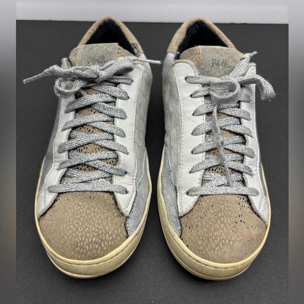 P448 Casual Women’s Metallic Silver & Taupe Low-Top Sneakers, SZ 37, box 30